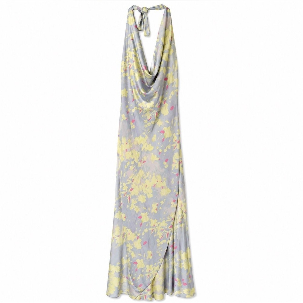 NEW See You Monday Floral Halter Maxi Dress XL Blue Yellow Cowl Neck Satin NWT